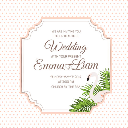 Wedding marriage event invitation RSVP card template. Border frame element with text placeholder. Exotic tropical flamingo bird and palm tree leaves. Simple classic polka dot background.のイラスト素材