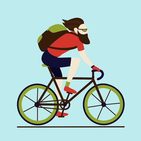 Bicycle delivery messenger courier bearded hipster male character with backpack wearing shorts and t-shirt. Urban logistics transportation. Isolated cyclist on blue background.のイラスト素材