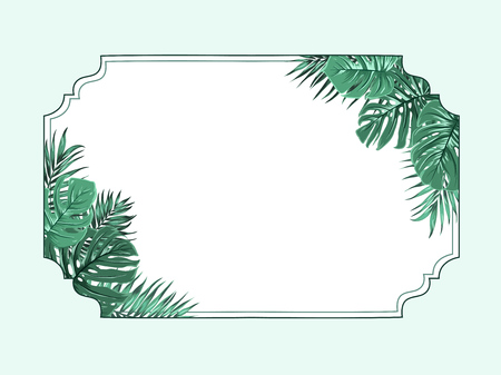 Exotic tropical decorative horizontal border frame template. Bright greenery palm tree and monstera leaves. Corners decoration. Vintage banner element for invitation greeting wedding card print.のイラスト素材