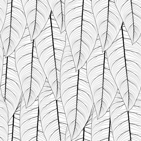 Long tropical leaves overlap side by side repeat seamless pattern texture. Sharp tip, detailed streak fibril line drawing. Vertical top down layout. Vector design illustration.のイラスト素材