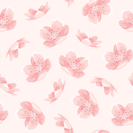 Pink cherry sakura japanese spring flowers seamless pattern. Tree bloom blossom. Feminine girlish style mood. Vector design illustration. PInk background.のイラスト素材