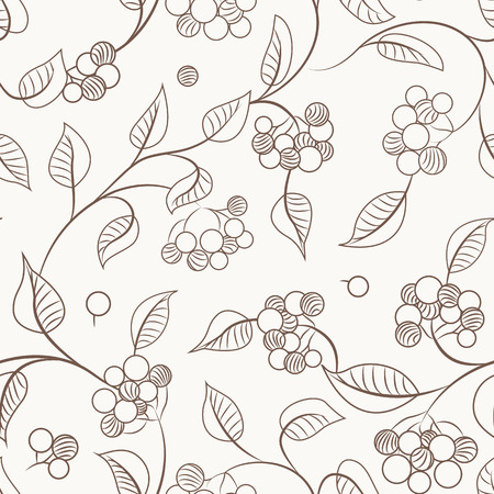 Autumn berries on shrub branch with leaves. Seamless pattern texture. Brown outline on beige background. Guelder rose kalyna bush. Vector design illustration.のイラスト素材
