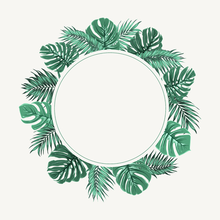 Exotic tropical jungle rainforest round circle wreath border frame. Bright green palm tree and monstera leaves. Isolated design element on white background. Place for text. Vector design illustration.のイラスト素材