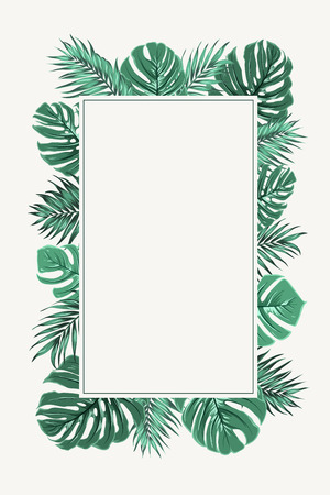 Rectangular border frame template decorated with exotic tropical jungle rainforest bright green palm tree and monstera leaveswhite. Vertical portrait aspect ratio. Place for text. White background.のイラスト素材
