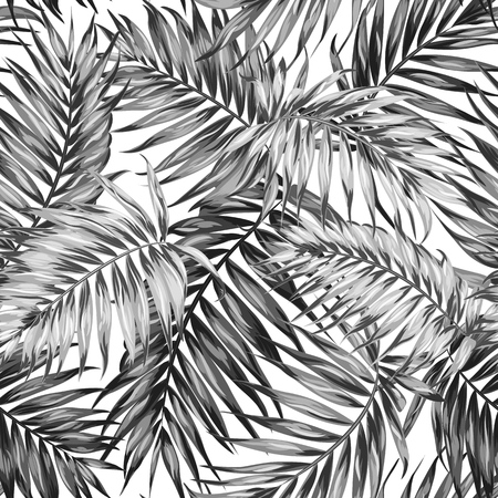 Seamless hand drawn tropic exotic botanical vector pattern texture with rainforest jungle tree palm leaves foliage. Black and white illustration. Twilight night time.のイラスト素材