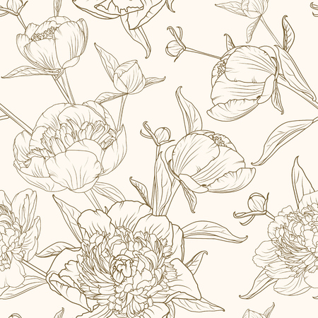 Peony flowers seamless pattern texture. Brown sepia outline on beige background. Blooming spring summer flowers detailed drawing. Vector design illustration for fashion, decoration, fabric, textile.のイラスト素材