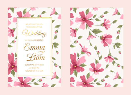 Wedding marriage event invitation. RSVP card set template front back. Luxury shiny golden gradient vintage border frame text placeholder. Pink purple gipsophila babys breath blooming flowers pattern.のイラスト素材