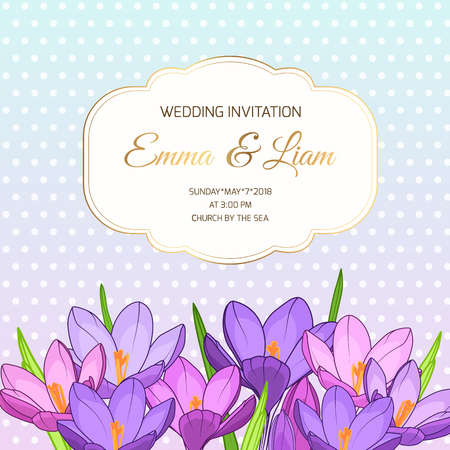 Violet purple spring crocus flowers bouquet. Wedding marriage event invitation card template. Save the date RSVP. Luxury golden vintage border frame with text placeholder. Polka dot background.のイラスト素材