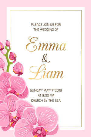 Wedding event invitation card template on pink background. Rectangular border frame decorated with bright orchid phalaenopsis flowers bouquet. Luxury shining gold gradient text placeholder.のイラスト素材