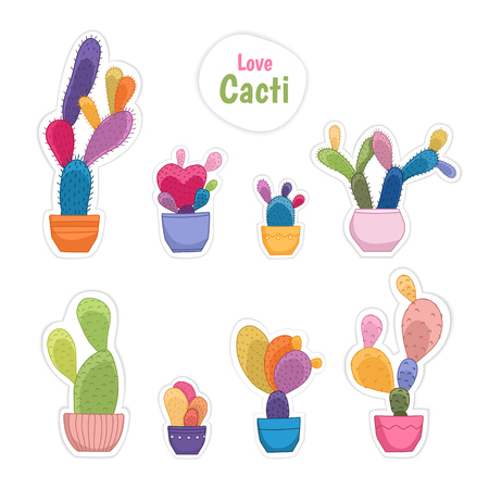 Potted cacti plants badge sticker patch collection set. Funny colorful cactus flowers in pots isolated on white background. Species of various shape, size and color. Vector design illustration.のイラスト素材