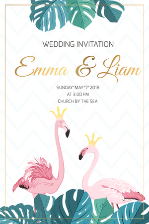 Wedding marriage event invitation template. Exotic pink flamingo birds couple wearing golden crown. King queen love concept illustration. Tropical monstera green leaves top bottom frame decoration.のイラスト素材