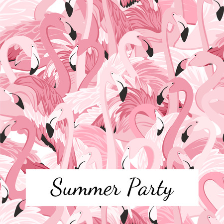 Exotic pink flamingo birds crowd group gathering flamboyance seamless pattern. Summer party banner poster promo.のイラスト素材