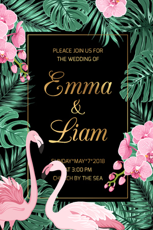 Wedding invitation template with floral border frame on dark night background.のイラスト素材