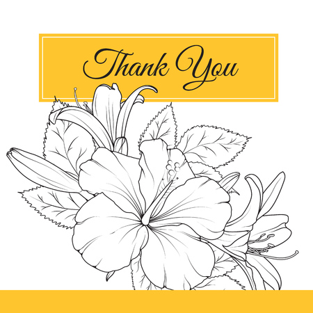 Hibiscus lily spring flowers bouquet garland foliage composition. Thank you card template. Black and white vector design illustration. Detailed outline sketch drawing. Orange rectangle box.のイラスト素材