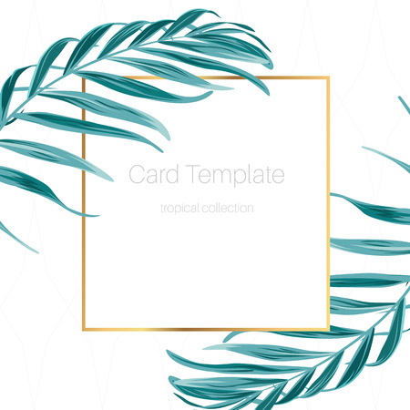 Exotic tropical forest jungle green palm tree leaves branch. Rectangular square golden border frame. Fern greenery. Simple clean card template with text placeholder. White background. Vector design.のイラスト素材