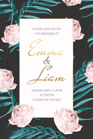 Wedding invitation card template. Pink crimson rose hip flowers. Green tropical jungle tree palm leaves. Dark grey background. Shiny golden text placeholder. Rectangular vertical layout.のイラスト素材