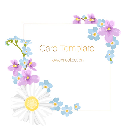 Botanical floral card template design for wedding greeting invitation. Daisy camomile, blue forget-me-not and purple viola spring summer flowers white background. Square border frame. Vintage style.のイラスト素材
