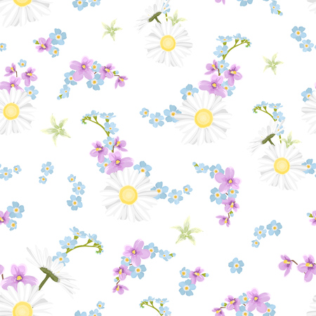 Spring summer floral seamless pattern. Field meadow countryside flowers mix daisy chamomile, forget-me-not, viola. Blue purple violet yellow green on white background. Botanical vector illustration.のイラスト素材