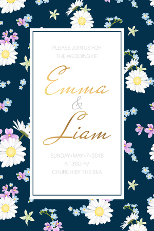 Wedding marriage event invitation card template. Chamomile, forget-me-not, violet purple wild flowers buds on dark blue background. Rectangular border frame. Text placeholder. Vertical portait layout.のイラスト素材