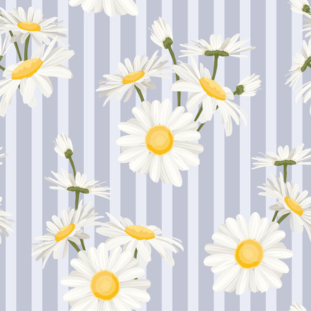 Daisy chamomile spring summer field flowers seamless pattern on blue white vertical stripes background. Beautiful ditsy floral texture for fashion, textile, fabric, decoration, wrapping. Vector designのイラスト素材