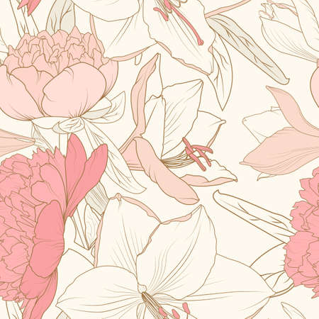 Peony lily flowers composition bouquet seamless pattern. Realistic detailed line drawing. Pink crimson sepia warm vintage colors. Floral botanical vector design illustration. Victorian style.のイラスト素材