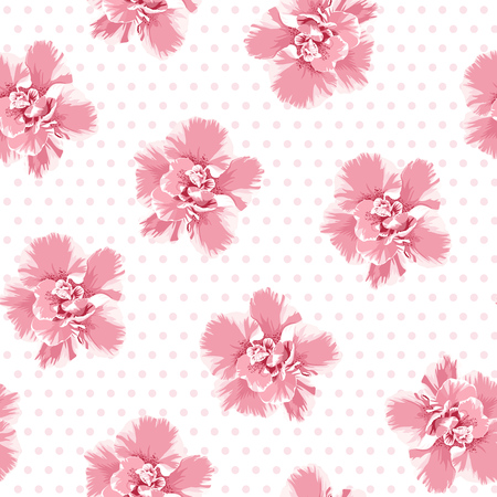 Pink camelia flowers seamless pattern. Tree petals bloom blossom. Female feminine girlish style. Polka dot background. Vector illustration for fashion, fabric, textlile, decoration.の写真素材