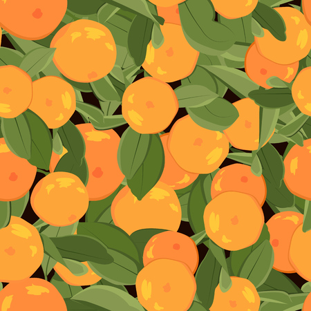 Orange mandarin tangerine with green leaves on black background. Seamless pattern texture. Ripe juicy exotic citrus fruit harvest. Organic bio food vitamin source. Vector design illustration.のイラスト素材
