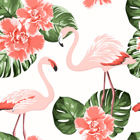 Bright crimson camelia flowers, exotic pink flamingo birds, tropical monstera philodendron green leaves. Trendy seamless pattern on white background.の写真素材