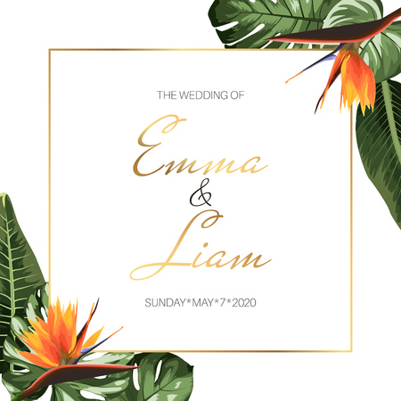 Tropical exotic wedding event invitation card template design. Square border frame green jungle palm tree monstera leaves, orange strelitzia bird paradise flowers. Corner decoration. Text placeholder.のイラスト素材