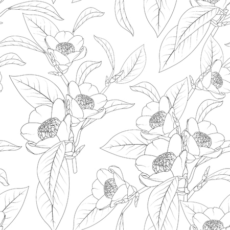 Camellia flowers bouquet with leaves sketch line design drawing. Floral natural seamless pattern texture. Flowering plant head petals bloom blossom. Black and white vector design illustration.のイラスト素材