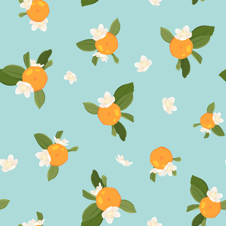 Seamless pattern with orange mandarin tangerine flowers and leaves on blue background. Vector color illustration.のイラスト素材