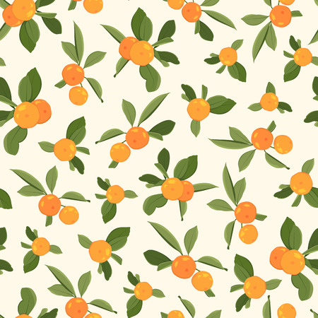 Orange tangerine mandarin clementine green leaves seamless pattern on beige background. Organic bio healthy food harvest. Exotic tasty juicy ripe fruit. Vector design illustration.のイラスト素材