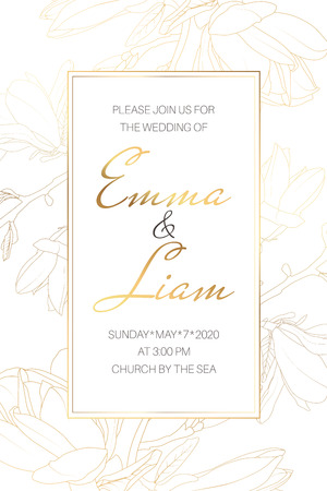 Wedding marriage event invitation card template. Spring magnolia garden flowers. Detailed outline drawing. Rectangular vertical border frame with text placeholder. Luxury bright shiny golden.のイラスト素材