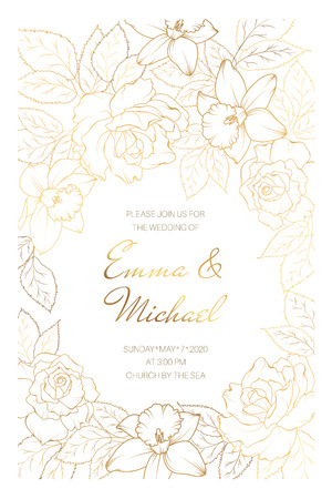 Wedding marriage event invitation card template. Rose peony daffodil narcissus flowers leaves. Copper gold shiny outline clean white background. Round circle text placeholder decorated with flowers.のイラスト素材