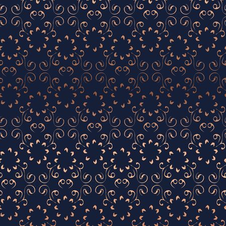 Floral symmetrical seamless pattern texture. Shiny copper gold gradient on dark blue background. Eastern indian persian damask mandala style. Vector design illustration for fashion, fabric, textile.のイラスト素材
