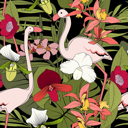 Floral jungle forest seamless pattern. Pink flamingo birds couple, exotic tropical flowers, greenery leaves and plants. Black background. Vector design illustration for fashion, textile, fabric.のイラスト素材