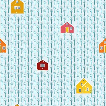Colorful building winter landscape snowy forest seamless pattern. Vector design illustration.のイラスト素材