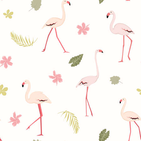 Pink flamingo birds. Tropical greenery. Exotic flowers. Seamless pattern texture. Colorful on white background. Vector design illustration for fashion, textile, fabric, decoration.のイラスト素材