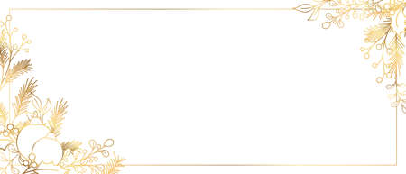 New Year Christmas holidays border frame card template. Glass ball bauble toys hanging on fir mistletoe tree branch. Horizontal layout with decorated corners. Shiny golden gradient outline.のイラスト素材