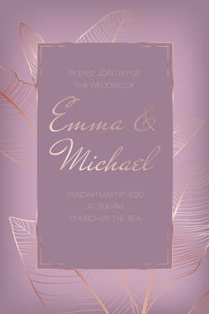 Tropical banana leaves copper gold invitation card. Vector illustration.のイラスト素材
