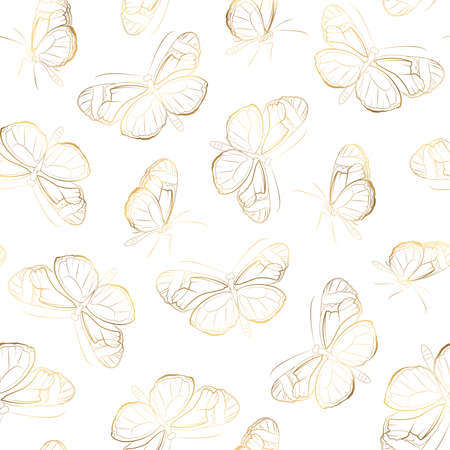 Butterfly seamless pattern. Insect wings flight. Shiny golden outline on white background. Detailed line drawing.のイラスト素材