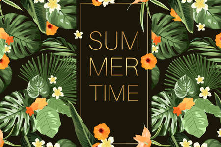 Summer time sale banner frame on dark background, bright green tropical palm tree monstera and exotic plumeria flowers.のイラスト素材