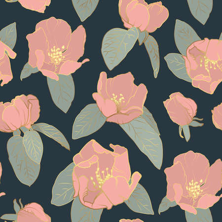Seamless background of pink gold Sakura blossom or Japanese flowering cherry. Spring flowers, leaves patternのイラスト素材