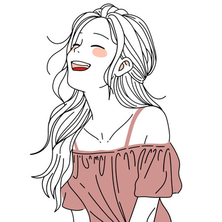 Stylized illustration of a happy girl with long hair, laughing in a cozy sweater, side profile, minimalist designのイラスト素材