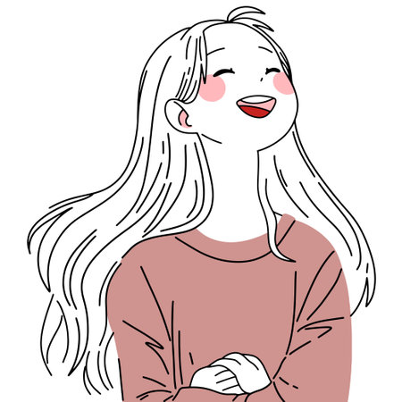 Stylized illustration of a happy girl with long hair, laughing in a cozy sweater, side profile, minimalist designのイラスト素材