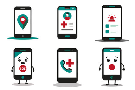 Set of smartphone images showing emergency and safety features in flat styleのイラスト素材
