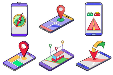 Set of smartphone images showing navigation and maps features in flat styleのイラスト素材
