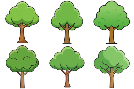 Cartoon-style trees featuring green leafy canopies and simple designsのイラスト素材