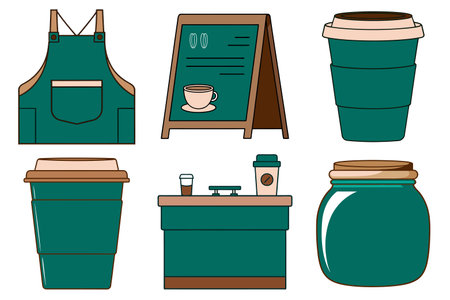 Coffee shop essentials featuring apron, takeaway cups, signage, and counter in green and brownのイラスト素材