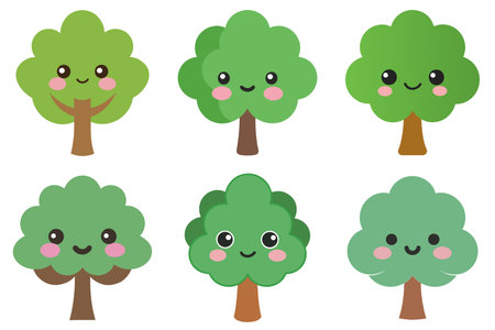Set of cute cartoon trees isolated on white background. Vector illustration.のイラスト素材